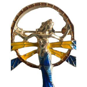 Unique Brooch Enamel Female Double Wings Mermaid Circle Blue Red Gold Tone